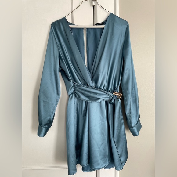 Zara - Blue Satin Belted Romper - Picture 2 of 3